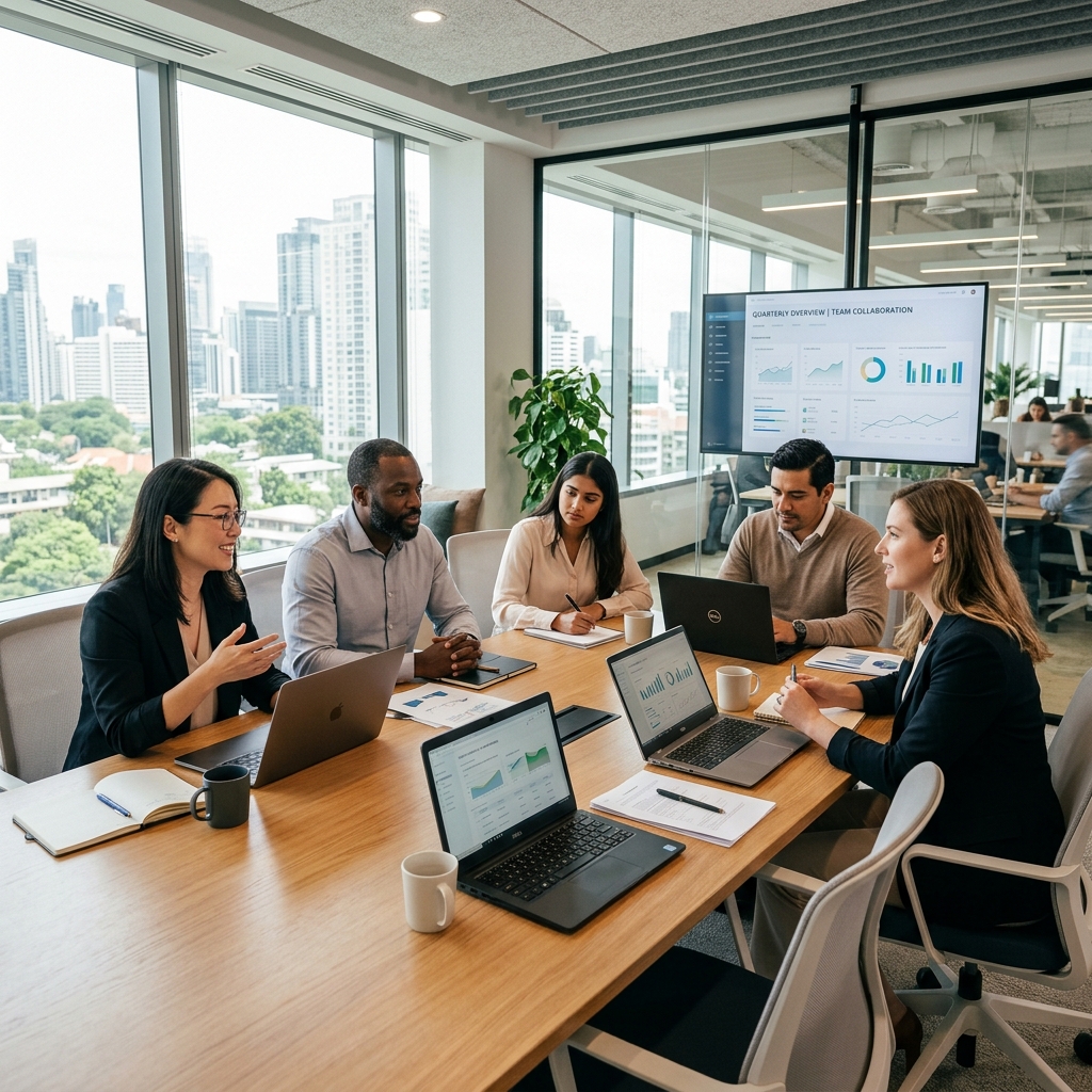 Equipo colaborando en oficina moderna